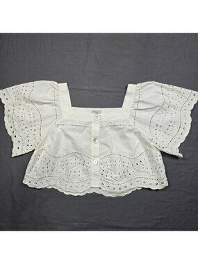 Rails L Crop Embroidered Eyelet Button Front White Top Boho Festival Square Neck